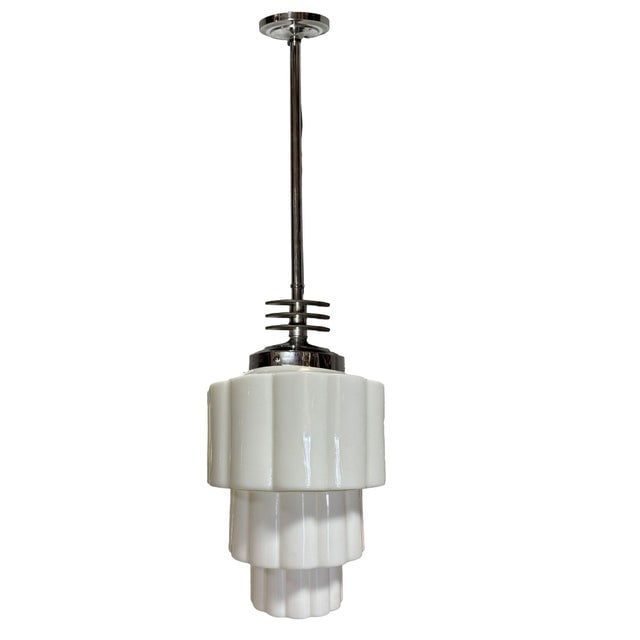 1930s Art Deco Chrome Streamline Pendant Light W/ Stepped Milk Glass Skyscraper Shade - 2