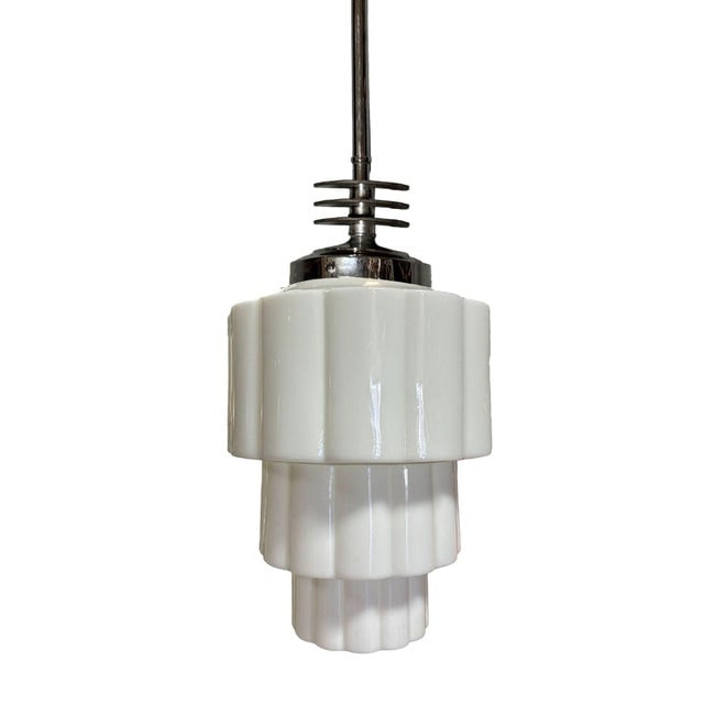 1930s Art Deco Chrome Streamline Pendant Light W/ Stepped Milk Glass Skyscraper Shade - 3