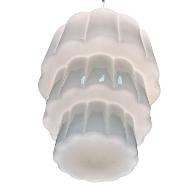 1930s Art Deco Chrome Streamline Pendant Light W/ Stepped Milk Glass Skyscraper Shade - 5