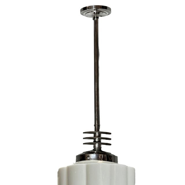 1930s Art Deco Chrome Streamline Pendant Light W/ Stepped Milk Glass Skyscraper Shade - 6