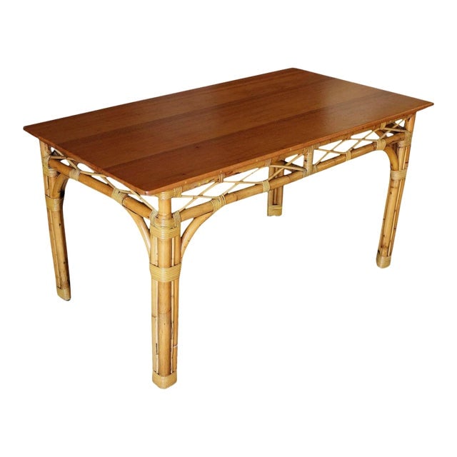 1950s Restored 6 Person Rattan & Mahogany Dining Table (1 of 8)