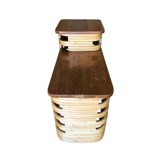 Restored Paul Frankl-Style Stacked Rattan Side Tables with Mahogany Top - A Pair - 3