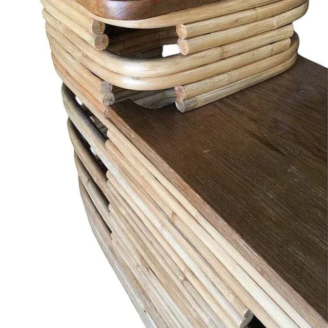 Restored Paul Frankl-Style Stacked Rattan Side Tables with Mahogany Top - A Pair - 9