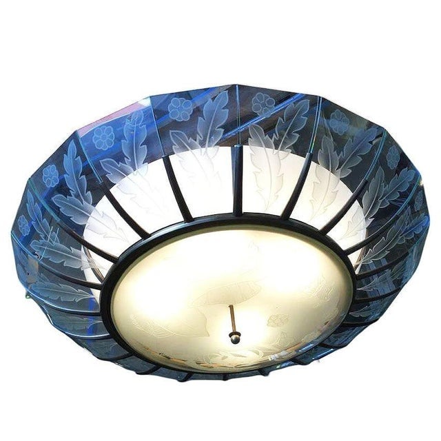 1940s Mid-Century Modern Tropical Etched Slat Glass Bronze Chandelier - 2