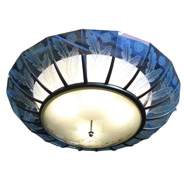 1940s Mid-Century Modern Tropical Etched Slat Glass Bronze Chandelier - 4