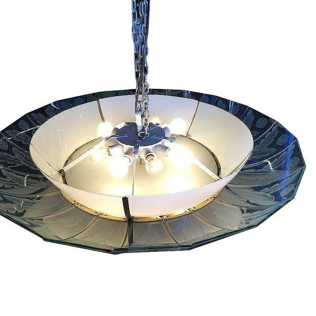 1940s Mid-Century Modern Tropical Etched Slat Glass Bronze Chandelier - 5