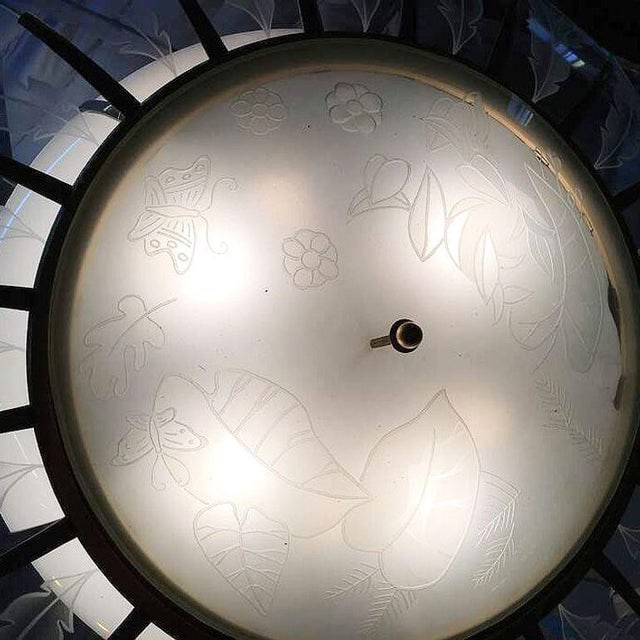 1940s Mid-Century Modern Tropical Etched Slat Glass Bronze Chandelier - 8