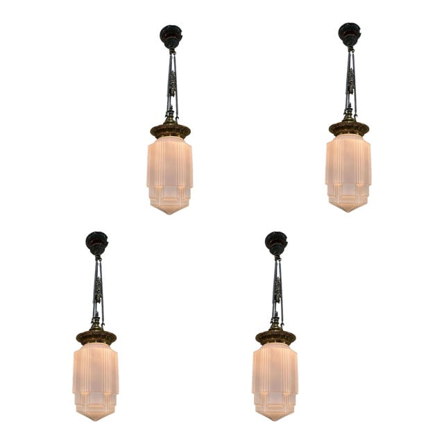 Art Deco Bronze Electric Ceiling Pendant With Stepped Glass Globe (1 of 5)