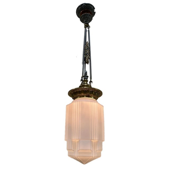 Art Deco Bronze Electric Ceiling Pendant With Stepped Glass Globe - 2