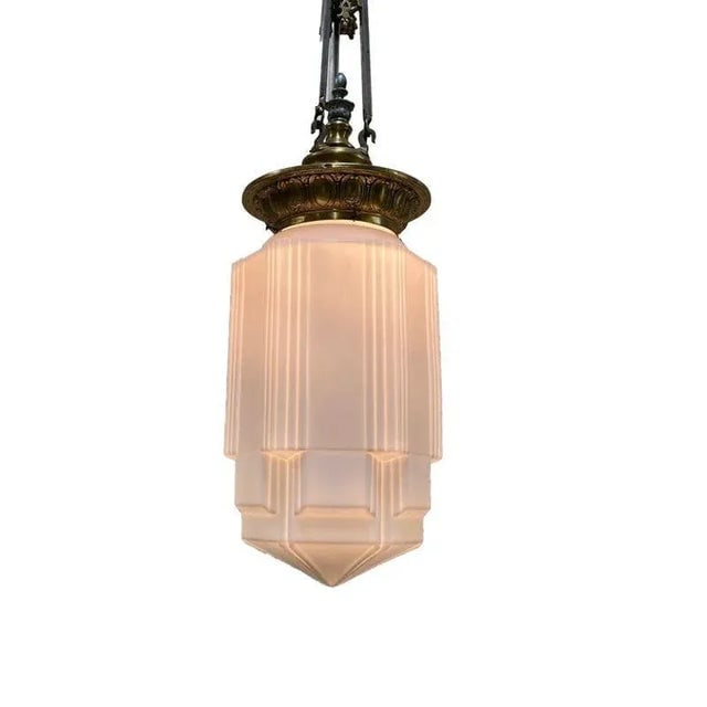 Art Deco Bronze Electric Ceiling Pendant With Stepped Glass Globe - 3