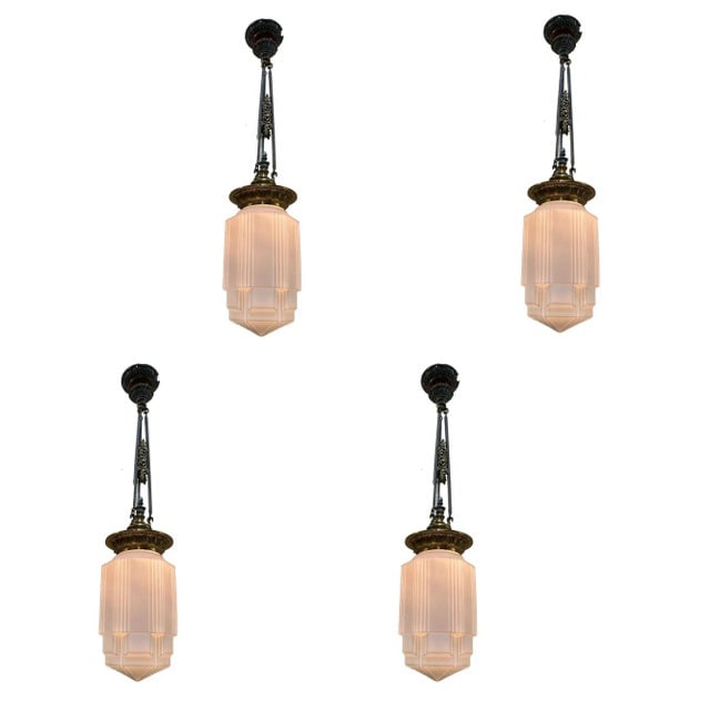 Art Deco Bronze Electric Ceiling Pendant With Stepped Glass Globe - 5