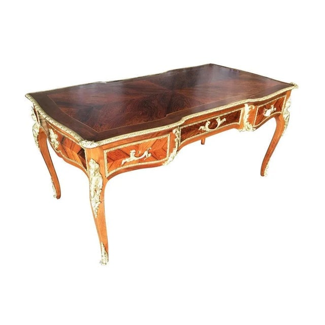 1950s Louis XV Rococo Mahogany, Satinwood & Bureau Plat Executive Writing Desk - 11