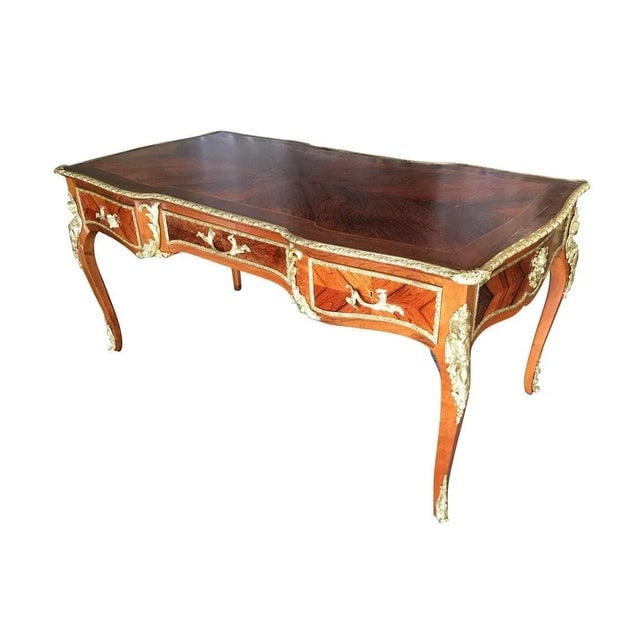 1950s Louis XV Rococo Mahogany, Satinwood & Bureau Plat Executive Writing Desk - 3