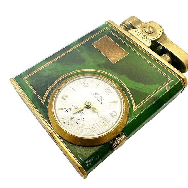 Mid 20th Century German Green Marble German Brass Lighter W/ Watch by Eclydo - 3