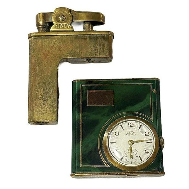Mid 20th Century German Green Marble German Brass Lighter W/ Watch by Eclydo - 5