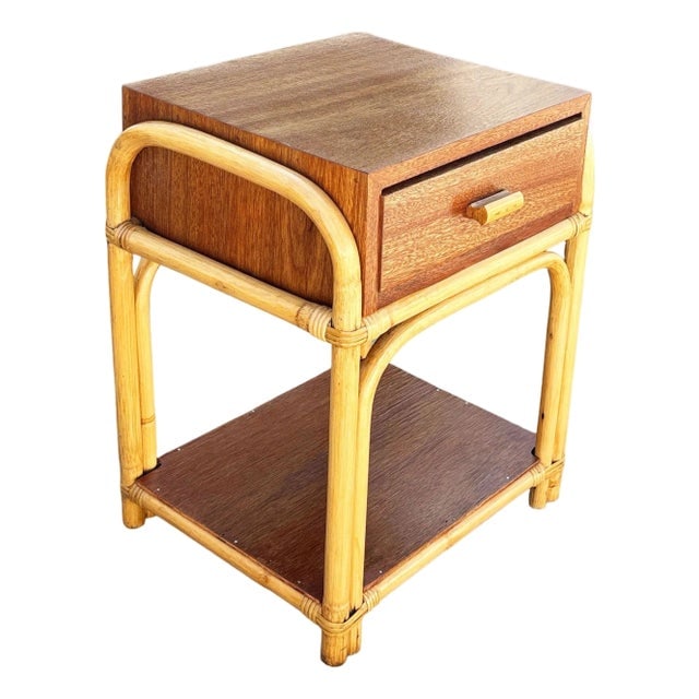 1950s Restored Rare Modernist Mahogany Nightstand W/ Arched Rattan Sides: Title: 1950s Restored Rare Modernist Mahogany Nightstand W/ Arched Rattan Sides Description: This beautifully restored rattan and mahogany nightstand blends style and vintage charm with modern comfort