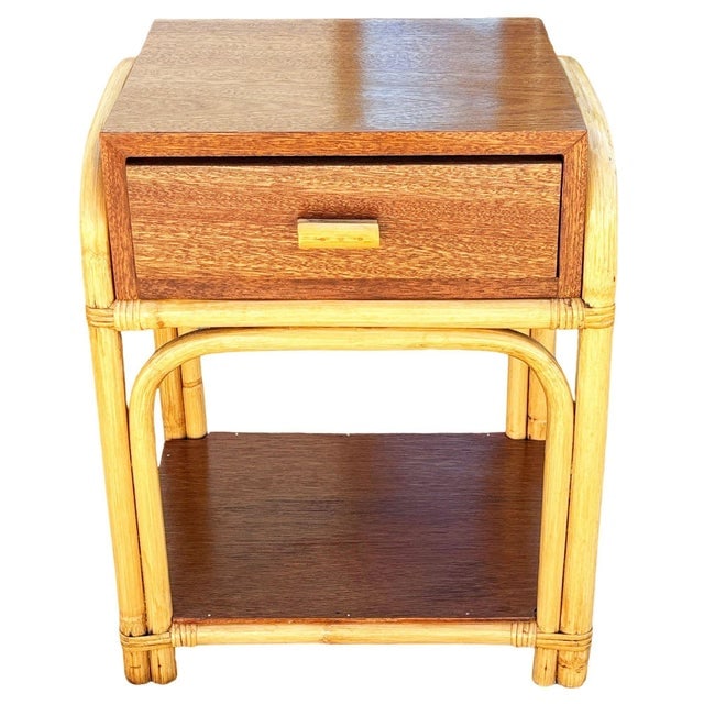 1950s Restored Rare Modernist Mahogany Nightstand W/ Arched Rattan Sides - 2