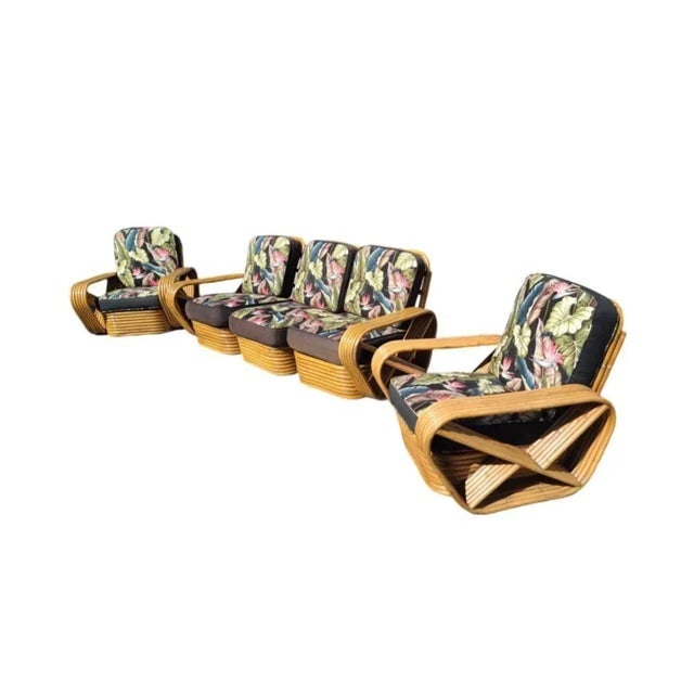 Restored 1960s Art Deco Six-Strand Stacked Rattan Sofa and Lounge ChairLiving Room Set- 3 Pieces - 3
