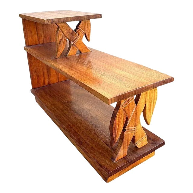 1940s Restored Hand Carved Koa Wood 3 Tiered Side Lamp Table With Bamboo Motif (1 of 4)