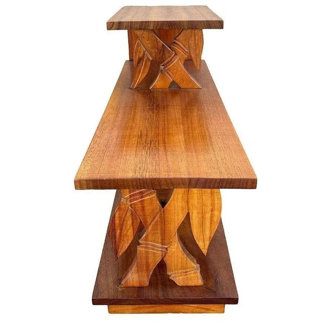 1940s Restored Hand Carved Koa Wood 3 Tiered Side Lamp Table With Bamboo Motif - 2