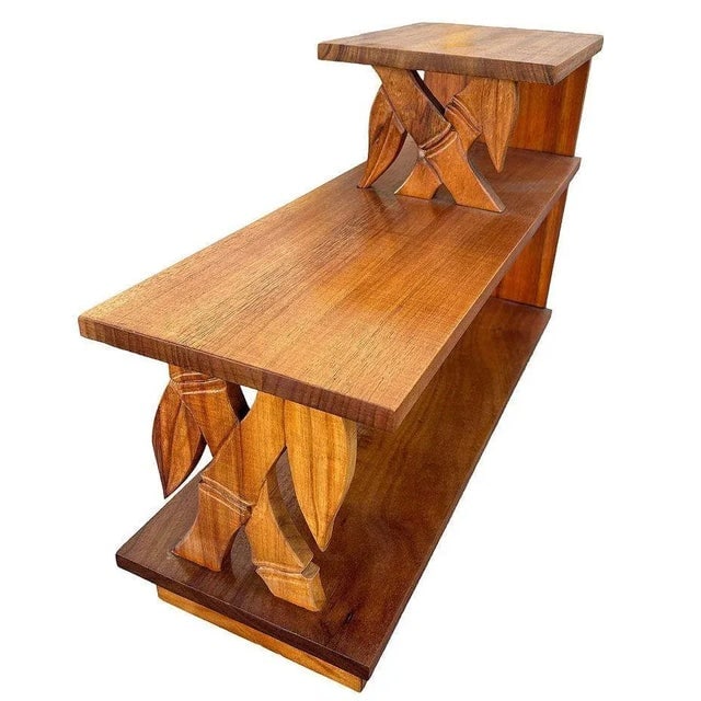 1940s Restored Hand Carved Koa Wood 3 Tiered Side Lamp Table With Bamboo Motif - 3