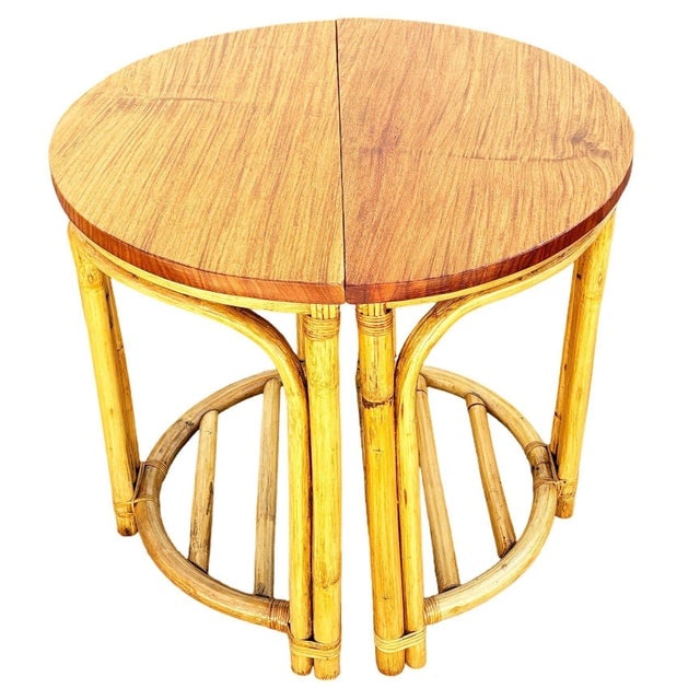 1940s Restored Rattan and Mahogany Half Moon Side Tables With Storage Rack - 2