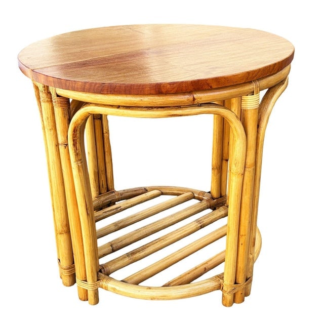 1940s Restored Rattan and Mahogany Half Moon Side Tables With Storage Rack - 4