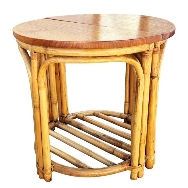 1940s Restored Rattan and Mahogany Half Moon Side Tables With Storage Rack - 5