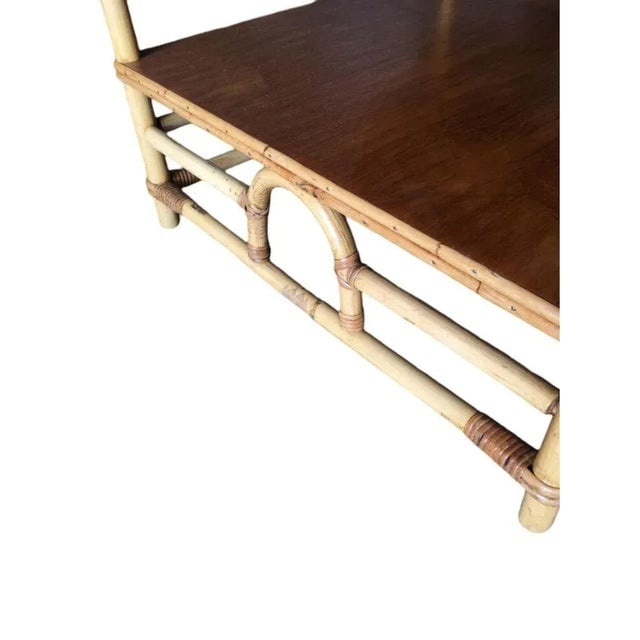 1950s Restored Two-Tier Rattan "Center Horseshoe" Coffee Table W/ Mahogany Top - 2