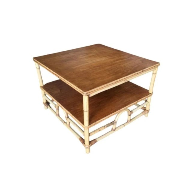 1950s Restored Two-Tier Rattan "Center Horseshoe" Coffee Table W/ Mahogany Top - 3