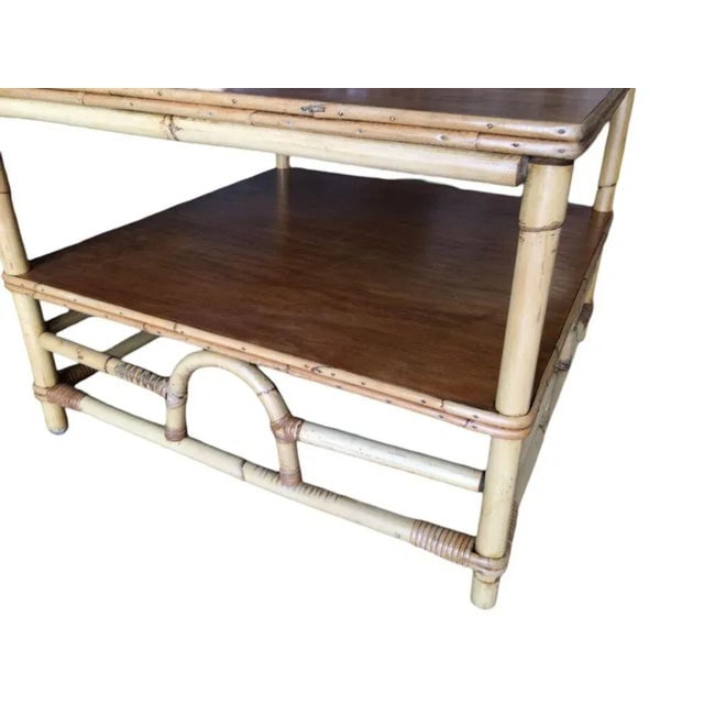 1950s Restored Two-Tier Rattan "Center Horseshoe" Coffee Table W/ Mahogany Top - 4