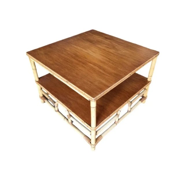 1950s Restored Two-Tier Rattan "Center Horseshoe" Coffee Table W/ Mahogany Top - 6