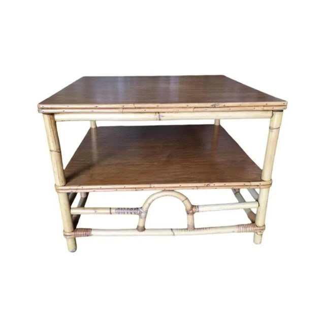 1950s Restored Two-Tier Rattan "Center Horseshoe" Coffee Table W/ Mahogany Top - 7