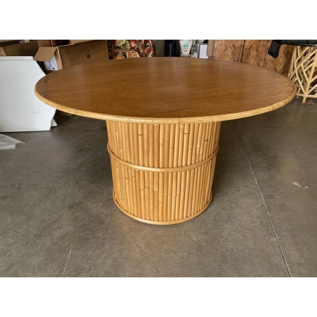 Restored Round Stacked Rattan Pedestal Dining Table Mahogany Top - 2