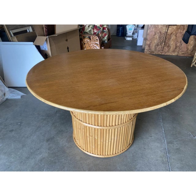Restored Round Stacked Rattan Pedestal Dining Table Mahogany Top - 3