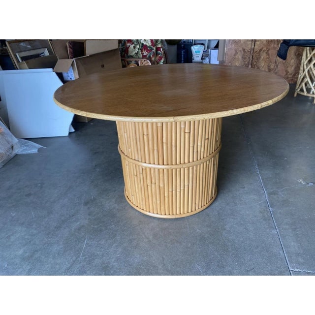 Restored Round Stacked Rattan Pedestal Dining Table Mahogany Top - 4