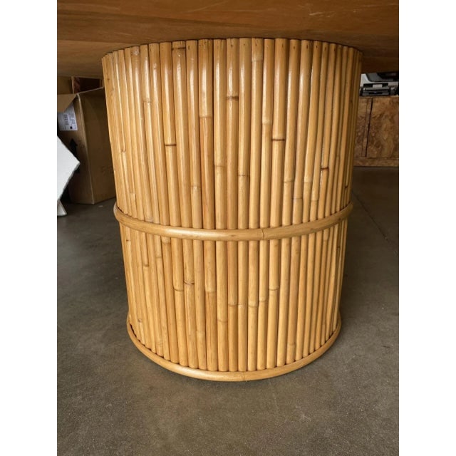 Restored Round Stacked Rattan Pedestal Dining Table Mahogany Top - 6