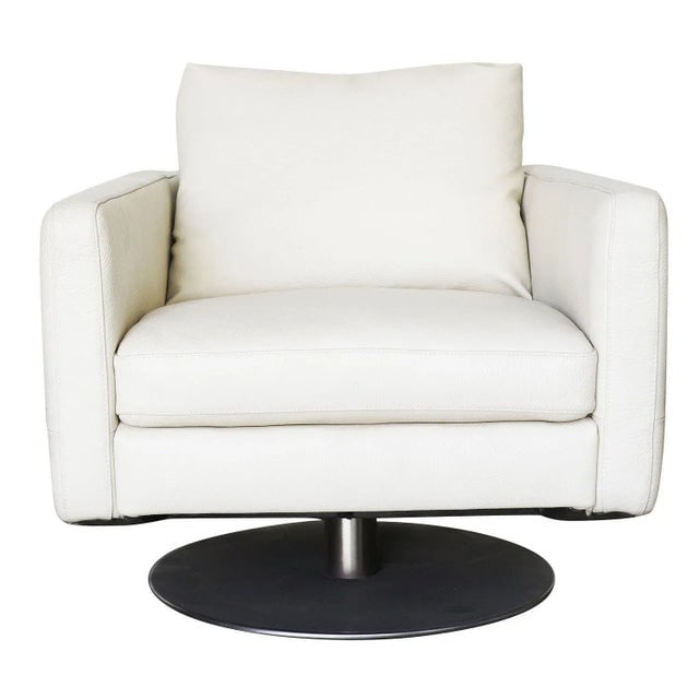 Italian Modern Leather Swivel Lounge Chairs With Steel Base by Natuzzi, Pair - 3