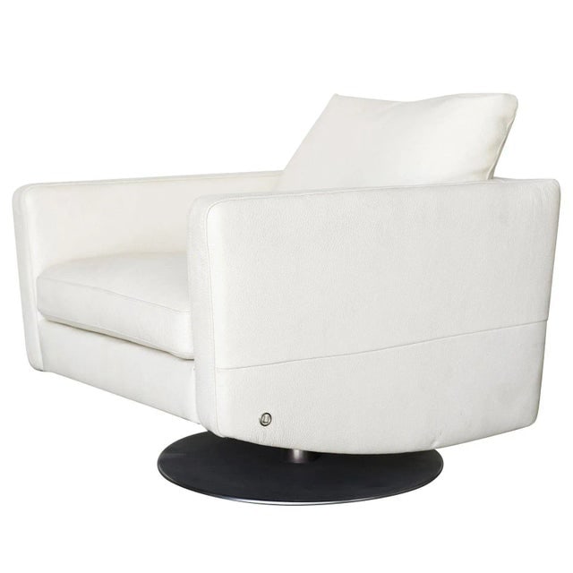 Italian Modern Leather Swivel Lounge Chairs With Steel Base by Natuzzi, Pair - 4
