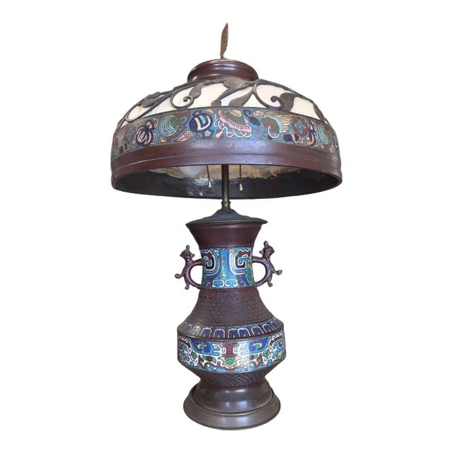 1910 Meiji Period Japanese Cloisonn?? Lamp With Wrought Iron and Enamel Shade (1 of 12)
