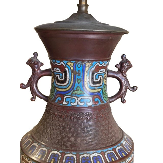 1910 Meiji Period Japanese Cloisonn?? Lamp With Wrought Iron and Enamel Shade - 2