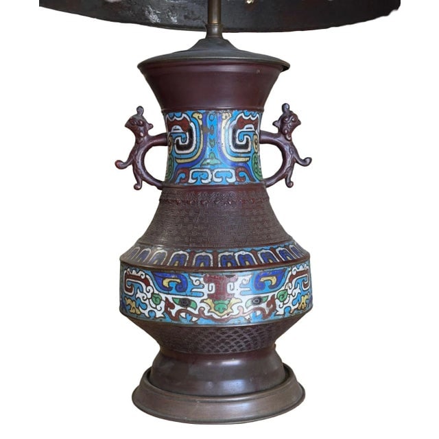 1910 Meiji Period Japanese Cloisonn?? Lamp With Wrought Iron and Enamel Shade - 3