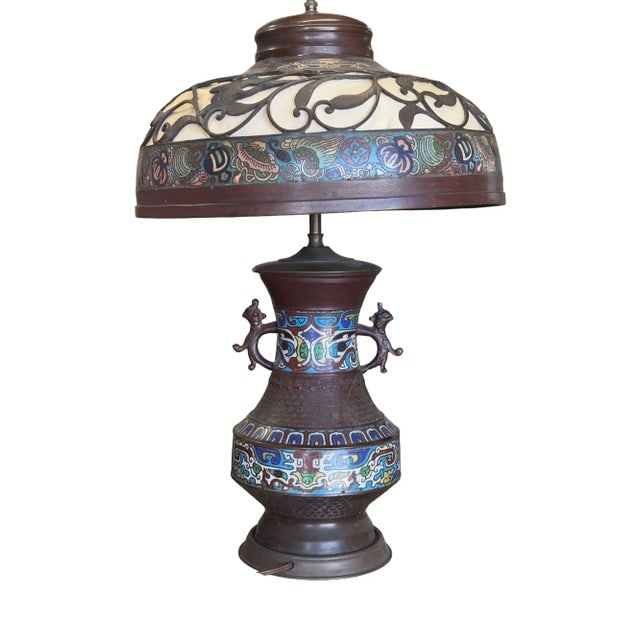 1910 Meiji Period Japanese Cloisonn?? Lamp With Wrought Iron and Enamel Shade - 8