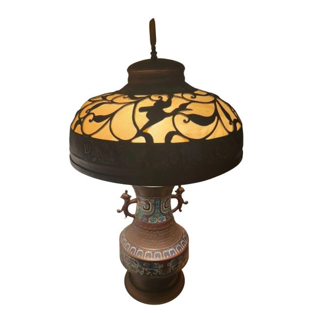1910 Meiji Period Japanese Cloisonn?? Lamp With Wrought Iron and Enamel Shade - 9