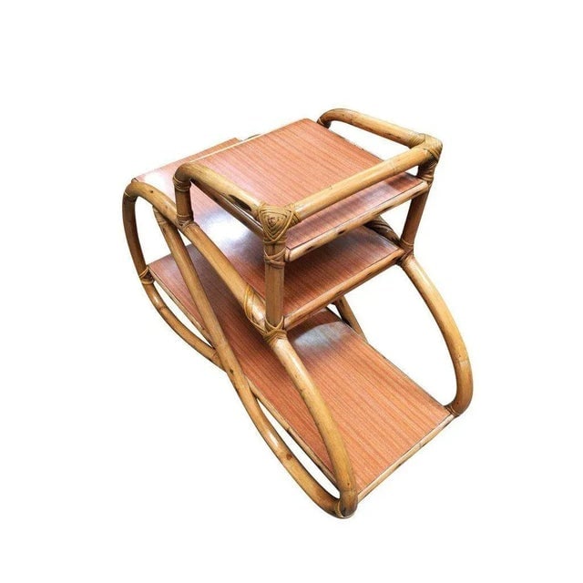 1950s Restored 3/4 Pretzel Rattan Three-Tier Side Table, Pair - 3