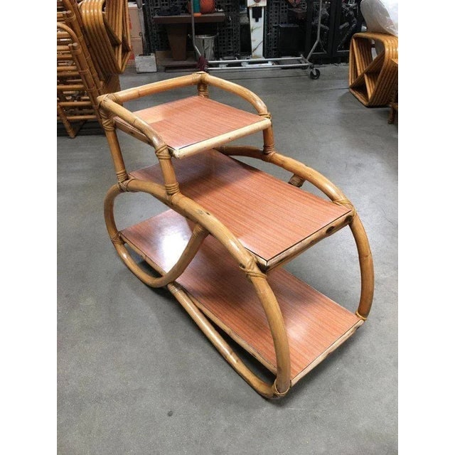 1950s Restored 3/4 Pretzel Rattan Three-Tier Side Table, Pair - 4
