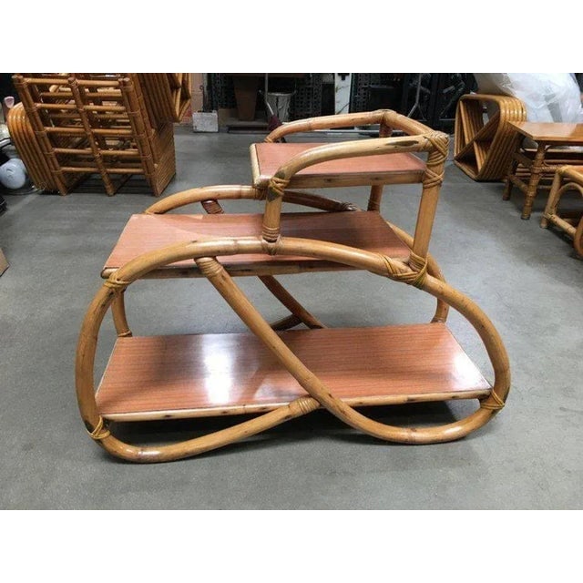 1950s Restored 3/4 Pretzel Rattan Three-Tier Side Table, Pair - 5