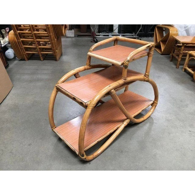1950s Restored 3/4 Pretzel Rattan Three-Tier Side Table, Pair - 6