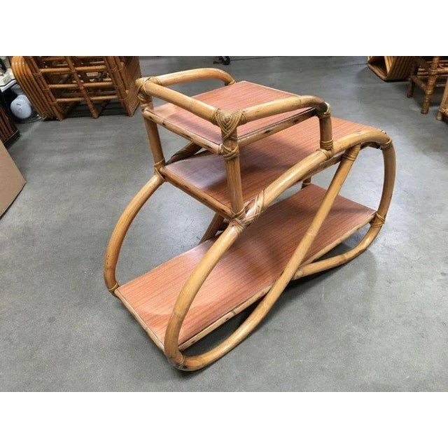 1950s Restored 3/4 Pretzel Rattan Three-Tier Side Table, Pair - 7