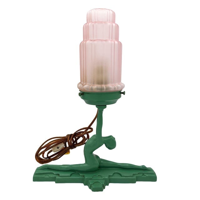 1980s Art Deco Figure Nymph L610 Spelter Frankart Table Lamp by Sarsaparilla W/ Shade - 2
